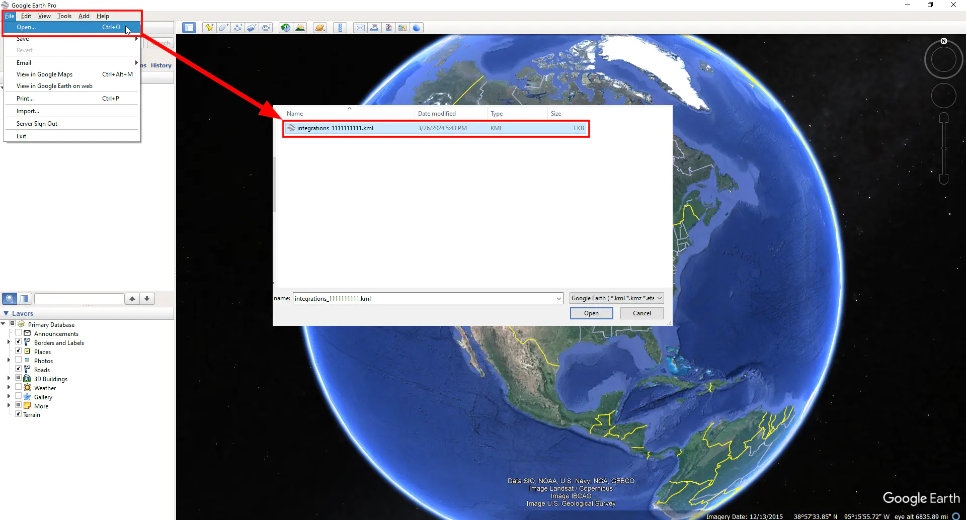 Open the integrations.kml file in Google Earth Pro